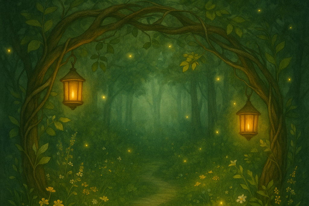 Fantasy forest scene with glowing lanterns and a path
